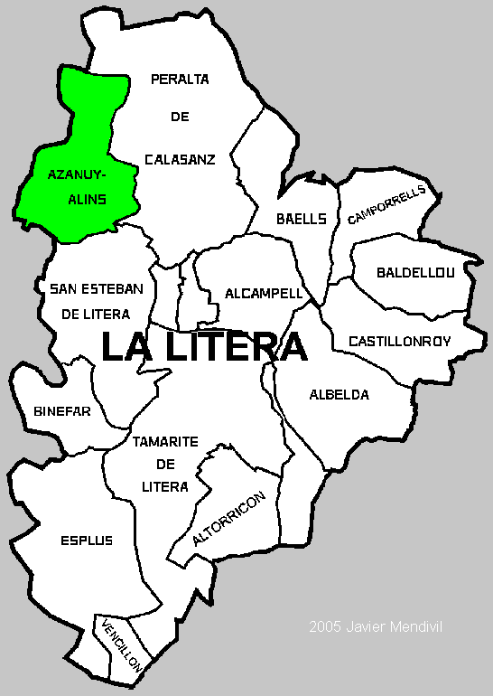 Carte de la Municipalité Azanúy-Alins dans Comarca La Litera / La Llitera