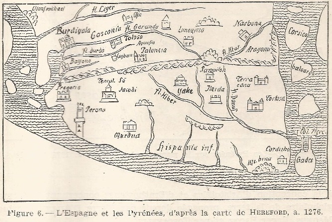 Figure 6. L'Espagne et les Pyrènées, d'apres la carte de HEREFORD, a. 1276. 13m