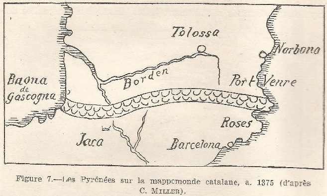 Figure 7. Les Pyrènées sur la mappamonde catalane, a. 1375 (d'aprés C. Miller). 14m
